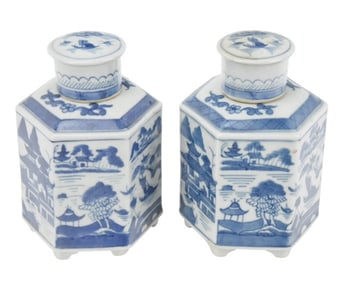 Pair Chinese Canton Blue & White Tea Caddies