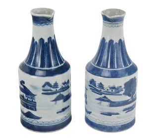 Pair Chinese Canton Blue & White Ewers