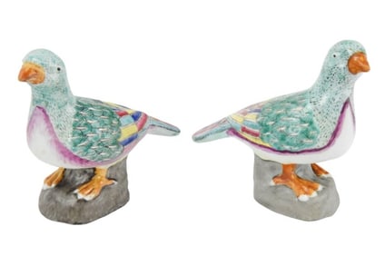 Pair Chinese Porcelain Hand Painted Doves