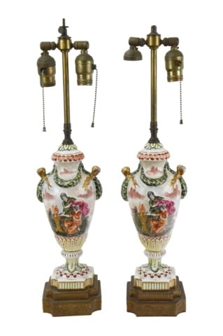 Pair Antique Capodimonte Converted Urn Table Lamps: Pair Antique Capodimonte Hand Painted Porcelain Converted Urn Table Lamps with Brass Base. Each measures 23 inches x 5 inches. Lamps need to be rewired.
