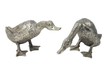 Pair Gucci Italy Signed Silver Plate Duck Statues