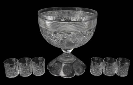 Large Brilliant Cut Glass Punch Bowl & Cups