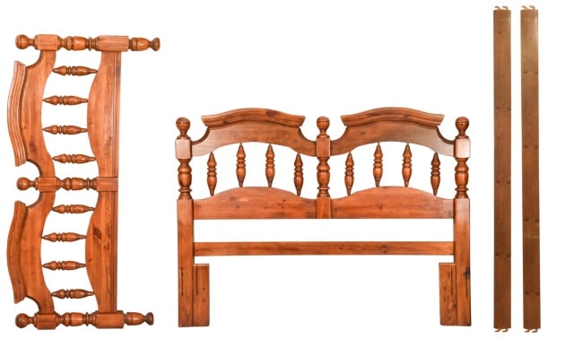 Farmhouse Style Carved Bed Frame with Metal Rails: Farmhouse Style Carved Bed Frame with Metal Rails.Measures Approximately 48 inches x 64 inches x 86 inches.