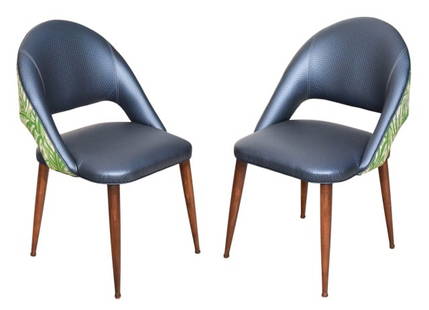 6 Modernist Club Style Upholstered Dining Chairs: 6 Modernist Club Style Upholstered Dining Chairs. Upholstered in blue shimmery patterned vinyl with designer fabric back From The Tailored Home in Greenwich Connecticut. Each measures 35 inches x 22 i
