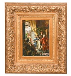 In the Style Herpfer Oil Painting Weaving Garlands: In the Style Herpfer Post Impressionist Oil Painting on Board Titled Weaving Garlands in Carved Frame. Framed measures 30 inches x 26 inches, art measures 15 inches x 11 inches.