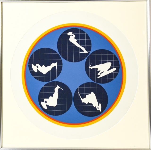 Ernest Trova Falling Man Screen Print Framed: Ernest Trova, American 1927 - 2009, Falling Man Screen Print Framed. Frame measures 30 inches x 30 inches. Circular window diameter measures 25.5 inches.