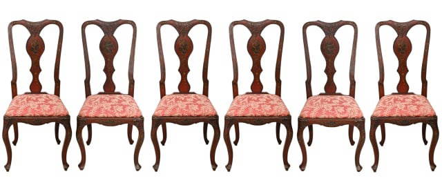 6 Antique Queen Anne  Carved Painted  Chairs: 6 Antique Queen Anne Hand Carved Hand Painted Custom Upholstered Dining Chairs.Measures 44 inches x 20 inches x 18 inches, seat height 20 inches.