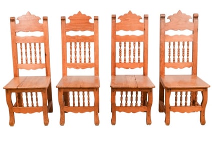 4 Spanish Colonial Style Hand Carved Pine Chairs