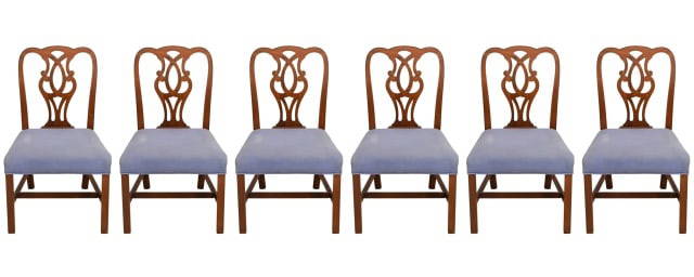 6 Chippendale Style Carved Upholstered Side Chairs: 6 Chippendale Style Hand Carved Custom Upholstered Side Chairs.(Needs Refinishing & Reupholstered)Measures 37 inches x 22 inches x 19 inches, seat height 19 inches.