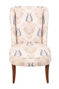 Contemporary Wing Back w Embroidered Upholstery: Contemporary Wing Back Chair w Embroidered Upholstery in White, Light Blue and Beige Color Ways.