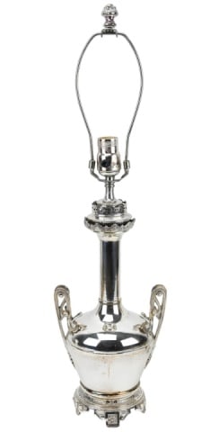 Silver Plate Amphora Vase Form Table Lamp: Silver Plate Amphora Vase Form Table Lamp. Measures 27 inches x 8 inches.