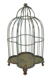 Vintage Rustic Painted Wrought Iron Birdcage: Vintage Rustic Painted Wrought Iron Birdcage with Iron Floor and Cast Iron Feet. Measures 18 inches x 9 inches x 9 inches.