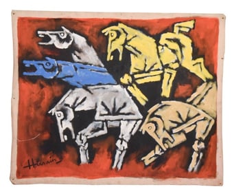 Maqbool Fida Husain Oil Painting Horse Grouping