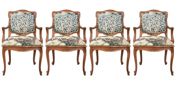 4 French Upholstered Carved Fauteuil Dining Chairs
