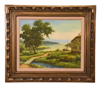 Signed Mid Century Oil Painting Lake Home Scene