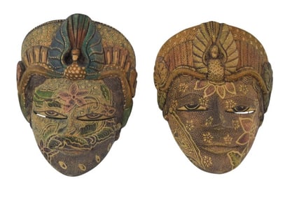 2 Indonesian Batik Merak Carved Pulu Wood Masks