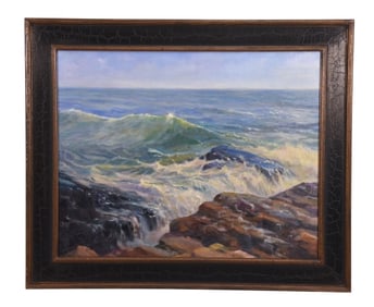 Peter Yesis Signed Oil Painting Maine Coastal Surf
