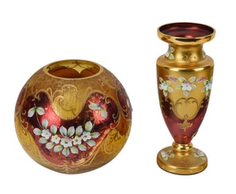 Antique Bohemian Hand Painted & Gilt Ruby Glass