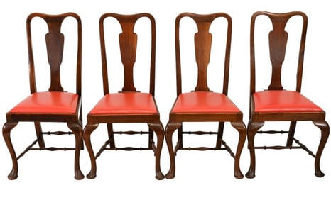 4 Queen Anne Carved Upholstered Dining Room Chairs