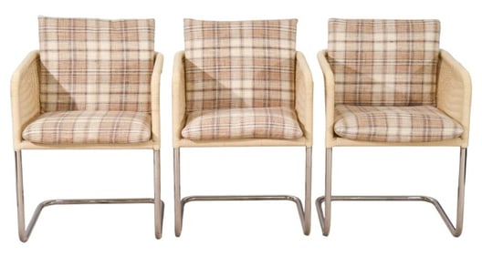 3 Vintage Faux Wicker Chrome Upholstered Chairs