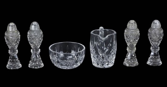 Waterford Crystal Sugar, Creamer & 4 SP Shakers