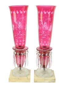 Pair Antique Cranberry Glass Mantel Lusters