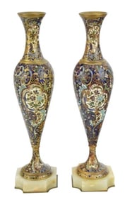 Pair Antique Champleve Enamel Vases Marble Base
