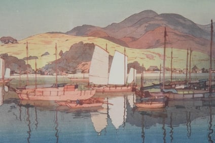 Hiroshi Yoshida Signed Woodblock of Harbor
