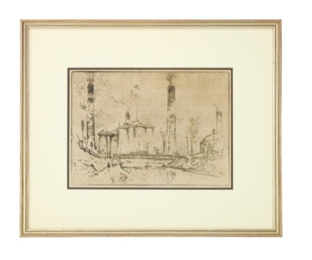 Joseph Pennell Signed Engraving Power Plant: Joseph Pennell, American 1857-1926, Signed Engraving of Power Plant, Framed. Framed measures 15 inches x 19 inches, Art measures 9 inches x 11 inches.