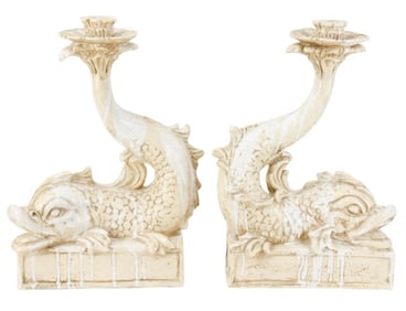 Cast Italian Glazed Stoneware Dolphin Candlesticks