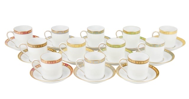 12 Hutschenreuther Porcelain Espresso Cups Saucers: 12 Hutschenreuther Germany Porcelain Espresso Cups and Saucers. Each set measures 3 inches x 5 inches.