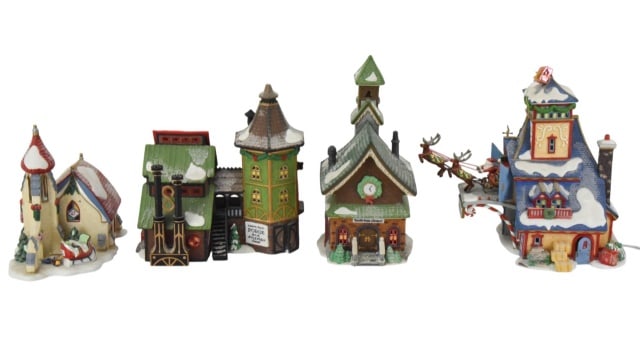 4 Department 56 North Pole Christmas Buildings: 4 Department 56 North Pole Series Christmas Buildings Christmas Decorations. There may be very minor loss, there are no boxes. SOLD AS IS. Each measures approximately 6 inches x 9 inches.