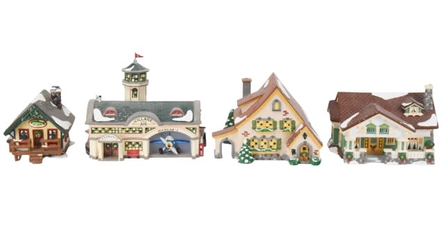4 Department 56 Snow Village Christmas Buildings: 4 Department 56 Snow Village Christmas Buildings Christmas Decorations. There may be very minor loss, there are no boxes. SOLD AS IS. Each measures approximately 6 inches x 9 inches.