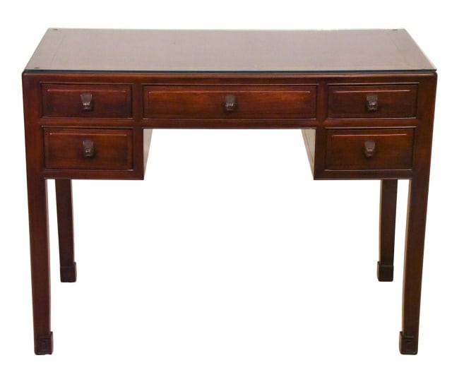 Chinese Rosewood Writing Desk w Glass Top: Chinese Rosewood Writing Desk with Glass Top and Five Drawers.Measures 32 inches x 42 inches x 20 inches.