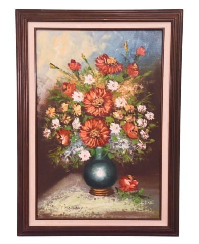 Roy Pasanault Signed Oil Painting Still Life: Roy Pasanault, 20th Century American, Signed Oil Painting Mid Century Floral Still Life, Framed. Measures 44 inches x 31 inches.