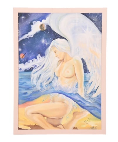 Signed Fantasy Oil Painting of Nude w Angel Wings: Signed Fantasy Oil Painting of Nude w Angel Wings, Framed. Measures 29 inches x 22 inches.