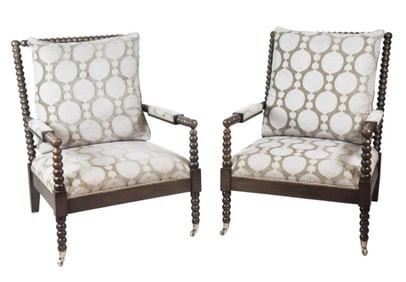 Pair Carved Upholstered Bobbin Armchairs
