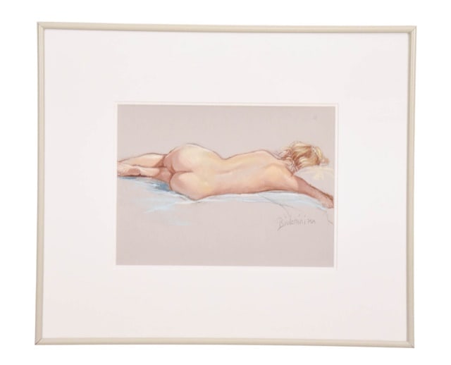 Gregory Biolchini Signed Pastel Reclining Nude: Gregory Biolchini, American b.1948, Signed Pastel Reclining Nude Framed Under Glass. Measures 17 inches x 20 inches.