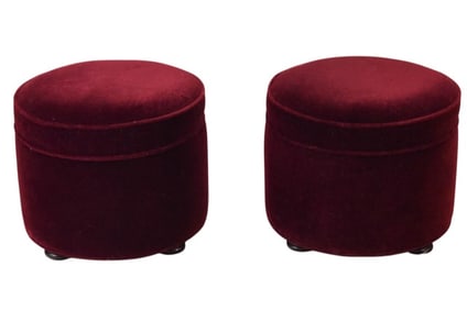 Pair Upholstered Cabernet Red Mohair Ottoman