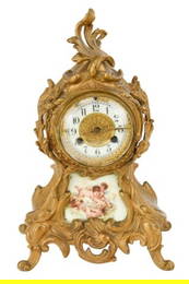 Antique Waterbury Bronze & Porcelain Mantle Clock