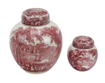 2 Masons Porcelain Vista Transfer Ware Ginger Jars