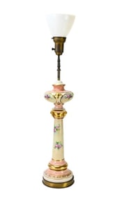 Antique Paris Porcelain Table Lamp w Glass Shade