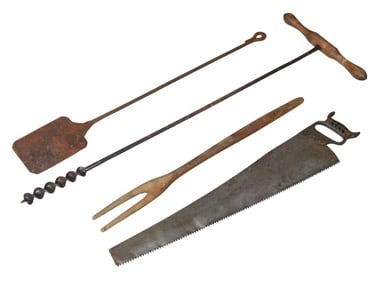 4 Antique Large Size Hand Wrought & Carved Tools