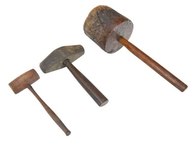 3 Antique American Primitive Mallets & Hammers