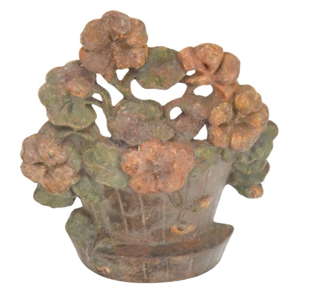 Antique Cast Iron Flower Pot Door Stop: Antique Cast Iron Flower Pot Door Stop. Measures 7.5 inches x 6 inches.