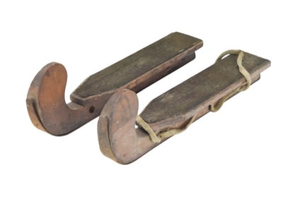 Pair Antique Falcon Carved Wood & Iron Ice Skates