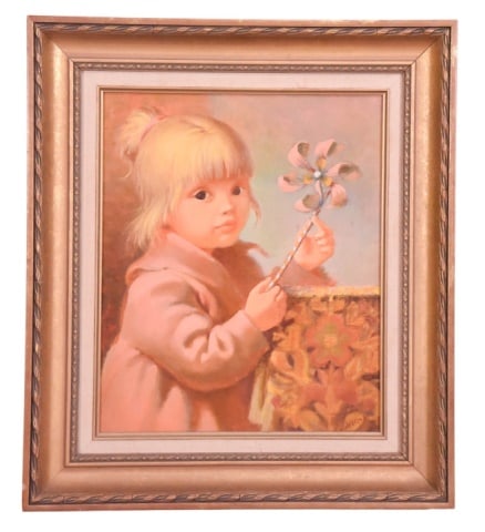 Signed Mid C Oil Painting Little Girl w Pinwheel (1 of 8)