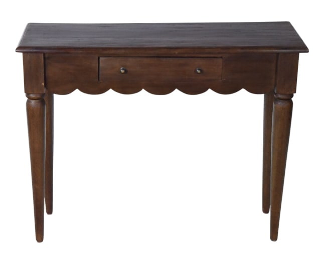 Antique Hand Carved Spinet Style Console: Antique Hand Carved Spinet Style Console with Scalloped Apron. Measures 30 inches x 39 inches x 15 inches. There is a scratch to surface noted in photos.