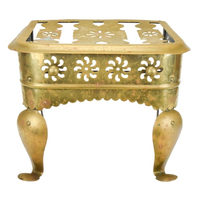 Antique 18th C Brass Large Fireplace Trivet: Antique 18th Century Brass Large Reticulated Fireplace Trivet. Measures 14 inches x 17 inches x 13 inches.