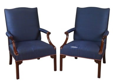 Pair  Baker Hand Carved Upholstered  Armchairs